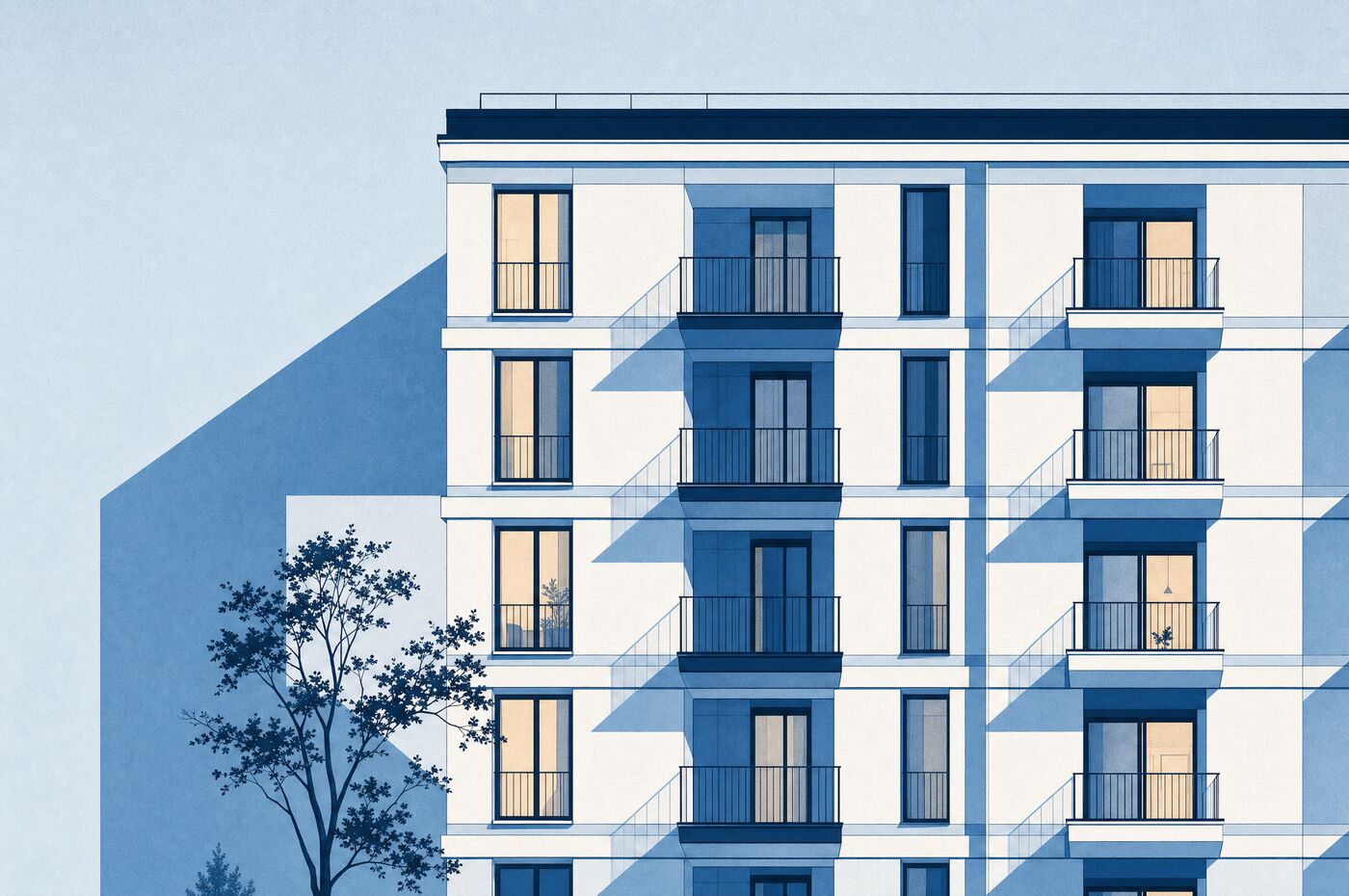 Illustration: Wohngebäude mit warm beleuchteten Fenstern