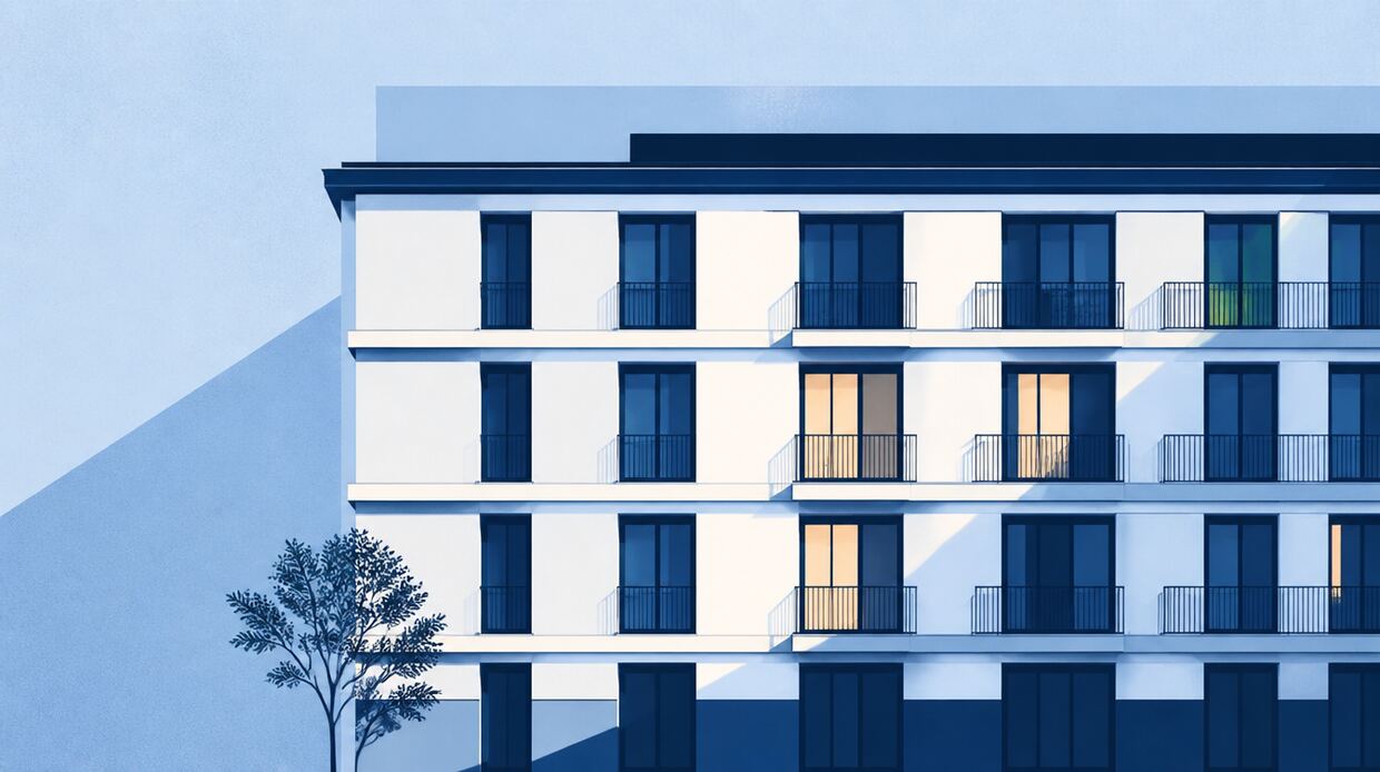 Die Fassade eines ruhigen modernen Wohnhauses im Morgenlicht.